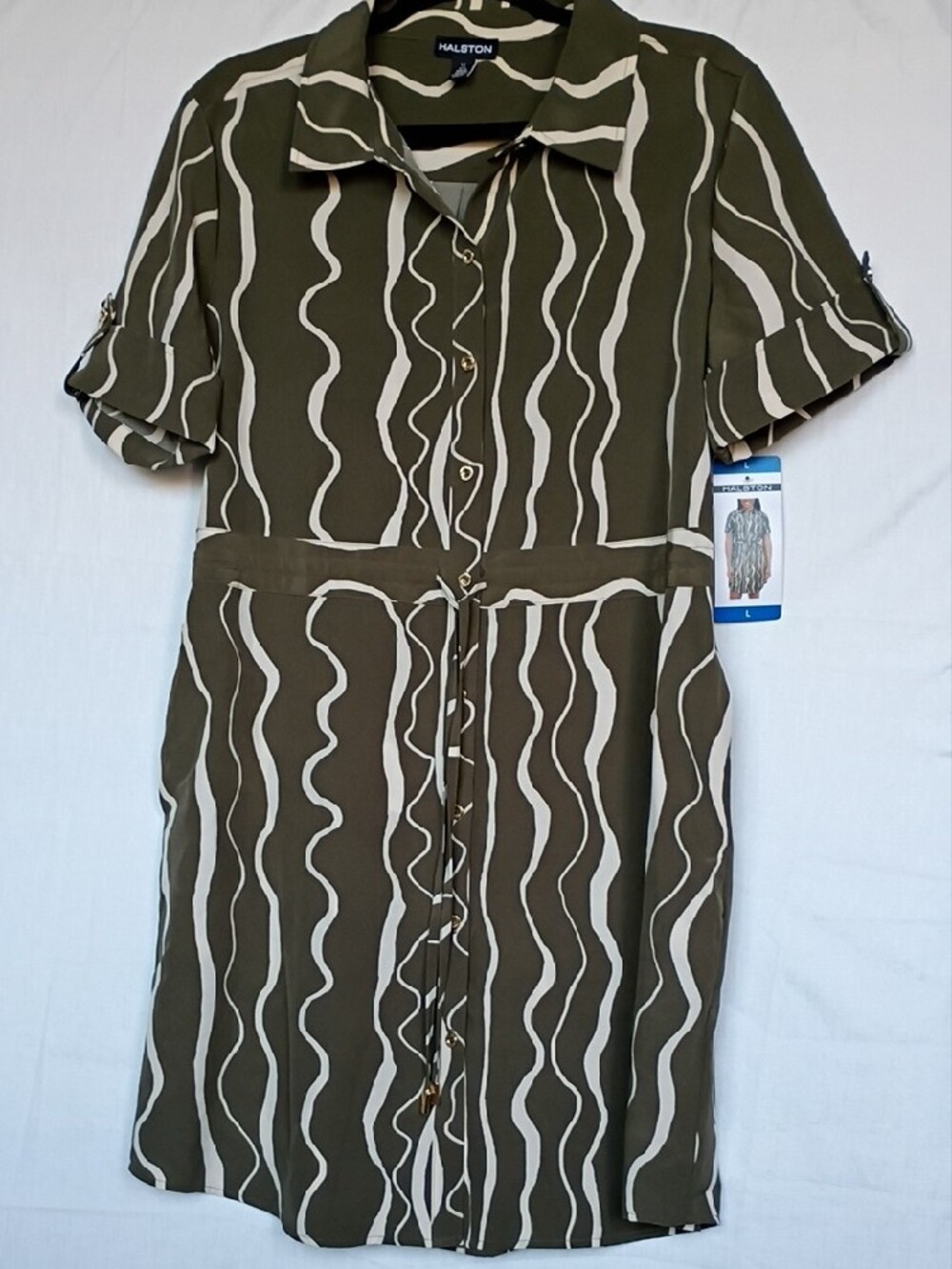Halston Heritage Olive and Cream Wave-Print Midi Shirt Dress Size L - Picture 5 of 10